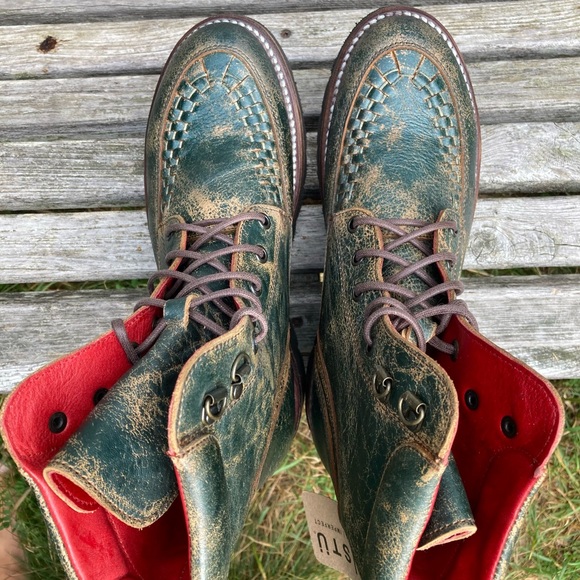 BED STU Boots ELISHA II Lace Up Combat Moto Dark Teal Lux Green Leather Size 8 - Picture 9 of 12